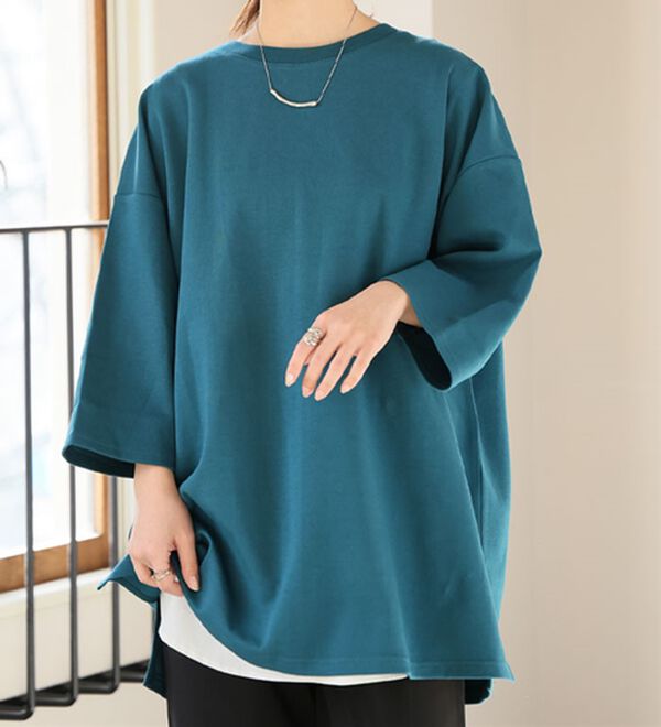 A HAPPY MARILYN（アハッピーマリリン）の「【Ｍ～８Ｌ／選べる袖丈】綿トレーナーライクビッグシルエットＴシャツ（Tシャツ）」｜ブルーグリーン
