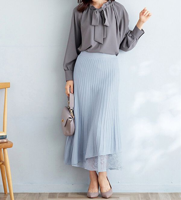 BELLUNA（ベルーナ）の「刺しゅうレース使いニットプリーツスカート（ロングスカート）」｜詳細画像