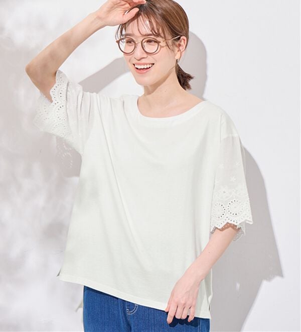 Viola e Viola（ヴィオラ エ ヴィオラ）の「綿１００％ 袖レース切替Ｔシャツ（Tシャツ）」｜詳細画像
