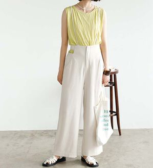 GeeRA（ジーラ）の「サイドカットアウトサス付ハイウエストパンツ（オールインワン）」｜アイボリー