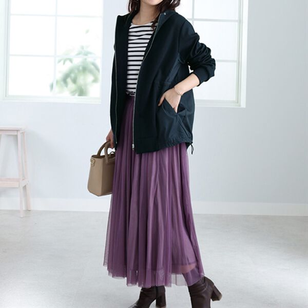 BELLUNA（ベルーナ）の「異素材切替フードジャケット（ノーカラージャケット）」｜詳細画像