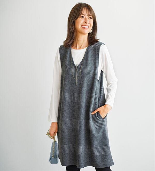 BELLUNA（ベルーナ）の「ボーダージャカード素材ジャンパースカート（ジャンパースカート）」｜杢チャコール