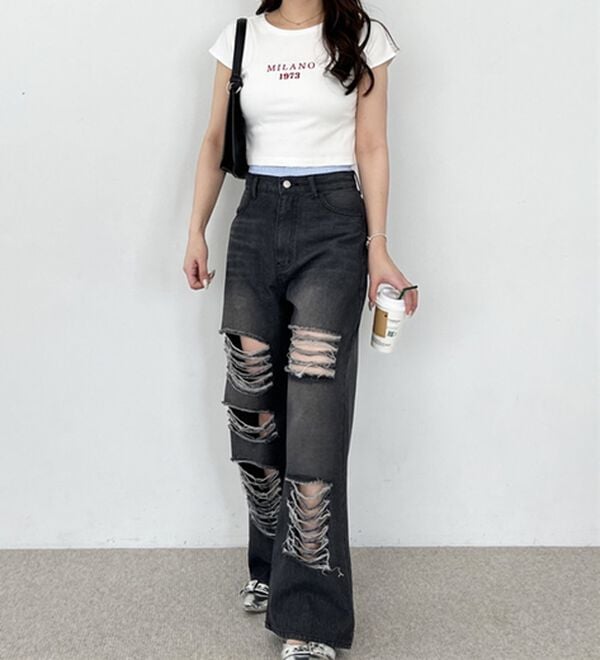 GeeRA（ジーラ）の「オリジナルパットダメージワイドデニム（ワイドパンツ・ガウチョ）」｜詳細画像