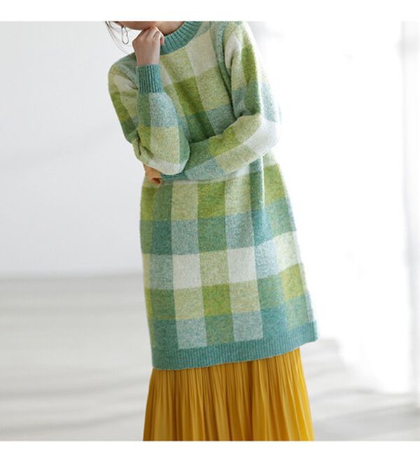RANAN（ラナン）の「チェック柄ロング丈ニット（チュニック）」｜詳細画像