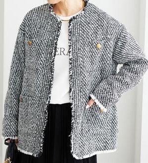 BELLUNA（ベルーナ）の「ツイードノーカラージャケット（ノーカラージャケット）」｜黒／白