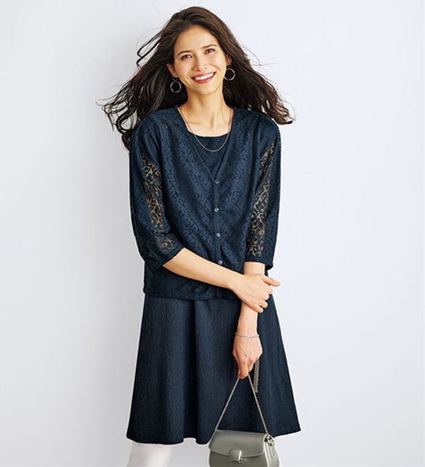 BELLUNA（ベルーナ）の「花柄レース切替チュニックワンピアンサンブル（アンサンブル）」｜ネイビー