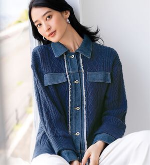 BELLUNA（ベルーナ）の「肌寒くなってきたら　デニム切替ニットジャケット（その他ジャケット）」｜ネイビー系