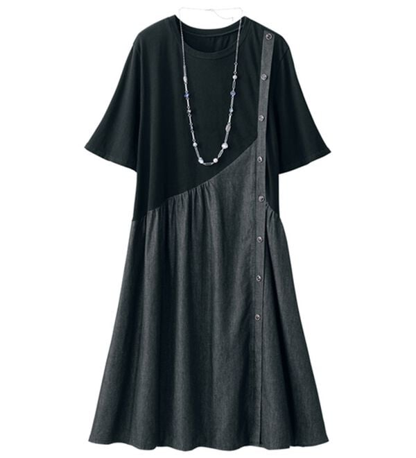 ルフラン（ルフラン）の「【２色組】柔らかデニム切替らくちんワンピース（カットソーワンピース）」｜詳細画像