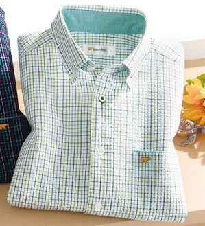 「＜ゴールデンベア＞袖丈選べる綿１００％サッカーシャツ（メンズシャツ）」｜グリーン系