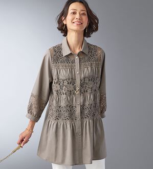 BELLUNA（ベルーナ）の「綿１００％レース切替オーバーブラウス（チュニック）」｜詳細画像