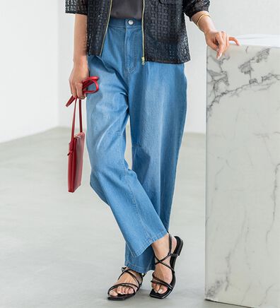 BELLUNA（ベルーナ）の「ひんやり冷感！カーブシルエットデニムパンツ（ワイドパンツ・ガウチョ）」