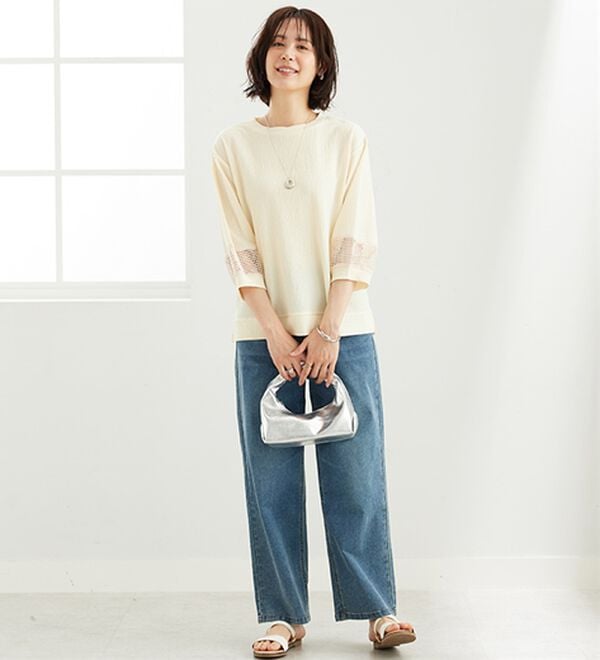 BELLUNA（ベルーナ）の「ジャカード素材袖メッシュレースプルオーバー（カットソー）」｜詳細画像