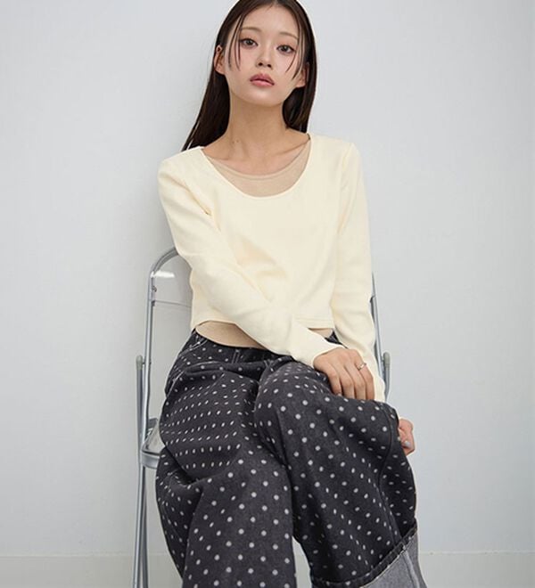 CHAN ME（チャンミ）の「レイヤード風ラウンドネック長袖トップス（カットソー）」｜詳細画像