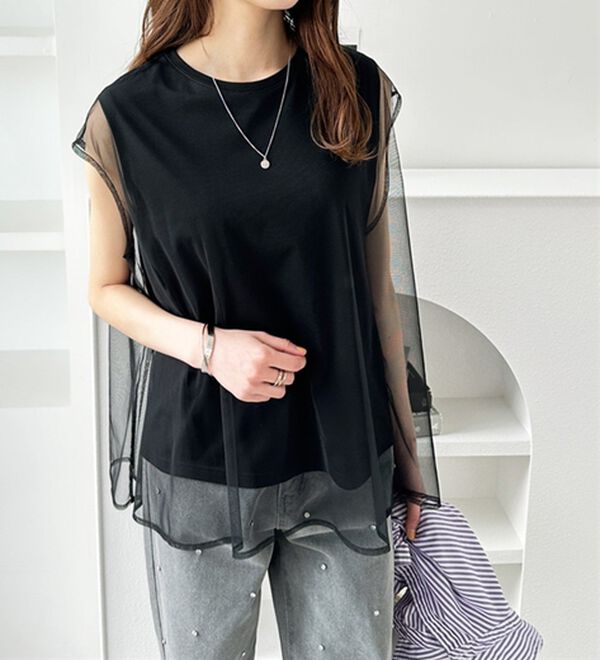 GeeRA（ジーラ）の「チュールカバーフレンチスリーブカットソー（カットソー）」｜詳細画像