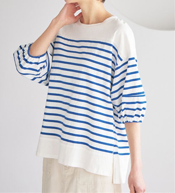 Viola e Viola（ヴィオラ エ ヴィオラ）の「綿１００％バスクボーダーランタン袖トップス（カットソー）」｜ブルー系