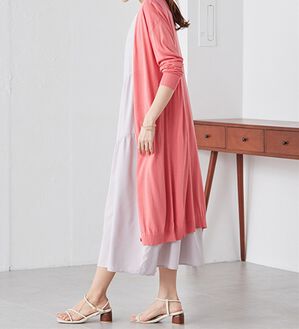 RANAN（ラナン）の「ロング丈Ｖネックニットカーデ（ニットカーディガン）」｜コーラルピンク