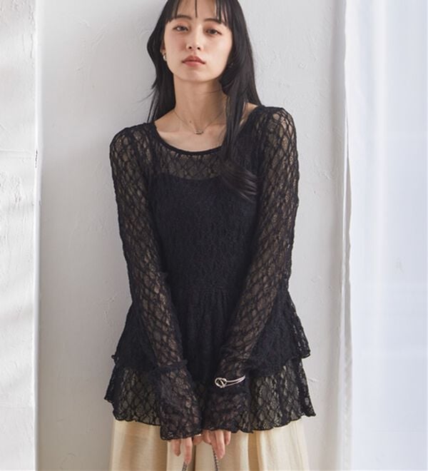 RANAN（ラナン）の「メローティアードデザインカットソー（カットソー）」｜ブラックレース