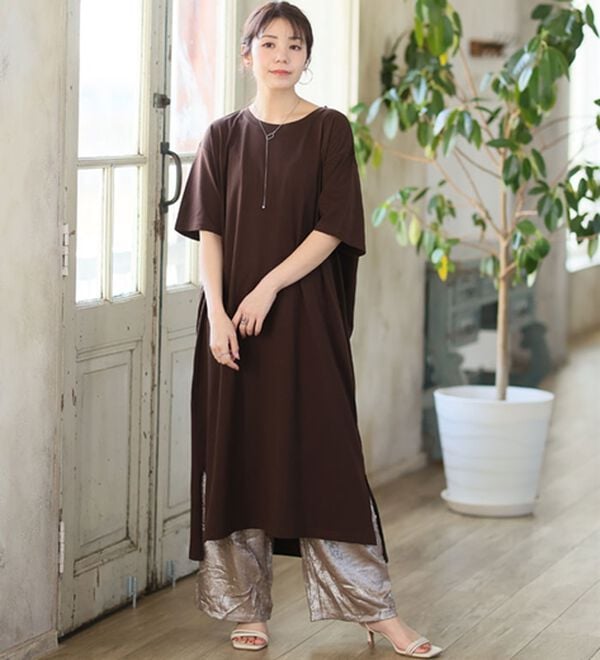 A HAPPY MARILYN（アハッピーマリリン）の「【Ｌ～１０Ｌ】選べる２丈！綿１００％ストンと楽ちん！着心地さらりゆるＴワンピース＆チュニック（チュニック）」｜詳細画像