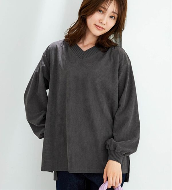 BELLUNA（ベルーナ）の「ニットリブＶネックコーデュロイプルオーバー（カットソー）」｜詳細画像