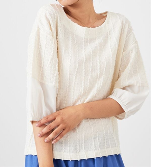 BELLUNA（ベルーナ）の「楊柳ストライプ刺しゅうブラウス（カットソー）」｜詳細画像