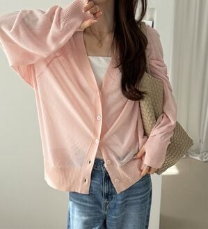 GeeRA（ジーラ）の「接触冷感！Ｖネックカーディガン（ニットカーディガン）」｜ピンク