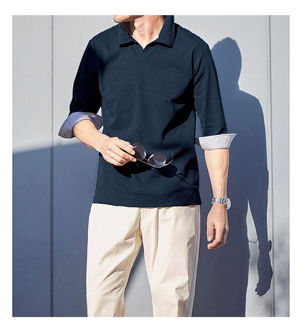 「＜ニコル　モリソン＞お洒落な７分袖スキッパーポロシャツ（メンズシャツ）」｜詳細画像