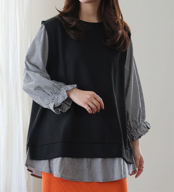 A HAPPY MARILYN（アハッピーマリリン）の「【Ｌ～６Ｌ】華奢魅せ&times;お洒落さっと着てパッと可愛い１枚で完成ドッキングトップス（カットソー）」｜ブラック&times;ストライプ