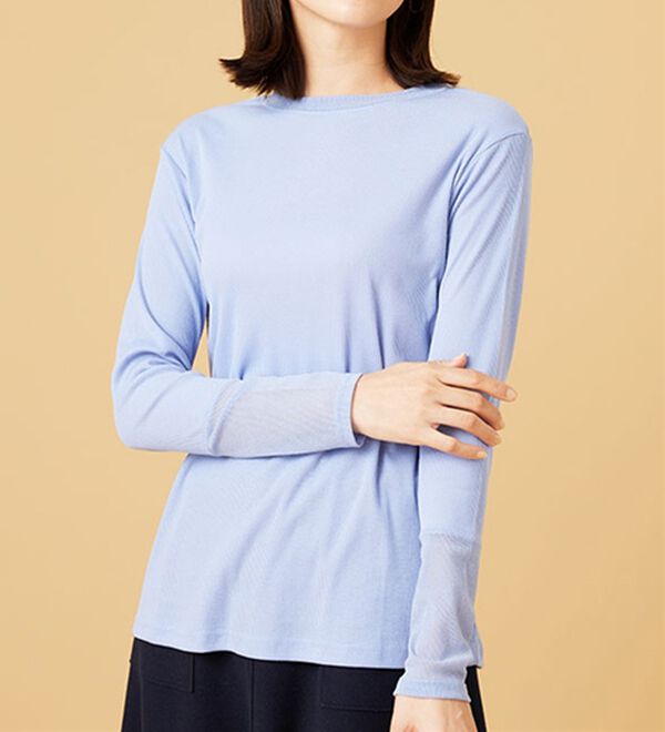 BELLUNA（ベルーナ）の「衿＆袖ラメチュール切替プルオーバー（カットソー）」｜サックス