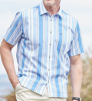 「＜ゴールデンベア＞パナマ織ストライプサマーシャツ（メンズシャツ）」｜ブルー