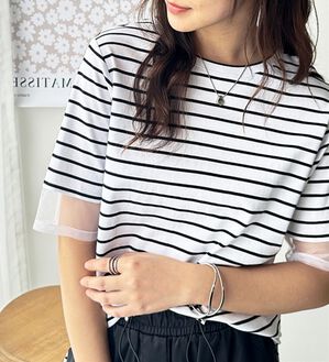 GeeRA（ジーラ）の「綿１００％袖シアー切替シルケットＴシャツ（Tシャツ）」｜白系ボーダー