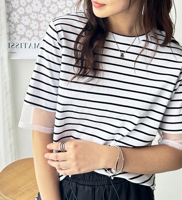 GeeRA（ジーラ）の「綿１００％袖シアー切替シルケットＴシャツ（Tシャツ）」｜白系ボーダー