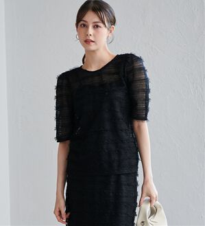 RANAN（ラナン）の「フリルレースパフスリーブトップス（カットソー）」｜ブラック