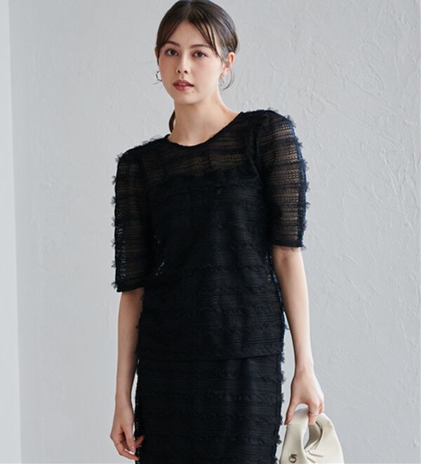 RANAN（ラナン）の「フリルレースパフスリーブトップス（カットソー）」｜ブラック