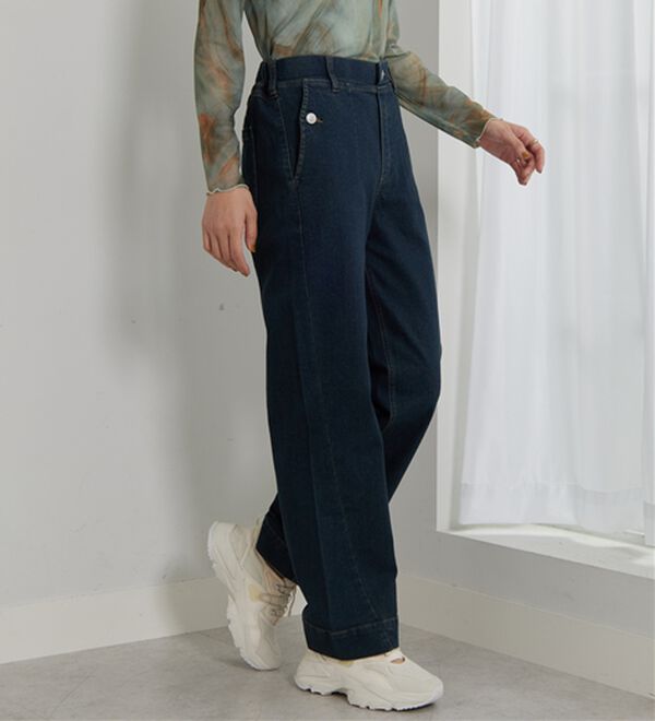 BELLUNA（ベルーナ）の「【選べる2丈】裾切替デザインワイドストレートデニム（ワイドパンツ・ガウチョ）」｜詳細画像