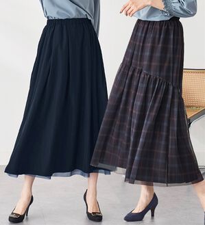BELLUNA（ベルーナ）の「２倍の着こなし！チュールプリントスカート（ロングスカート）」｜ネイビー系チェック