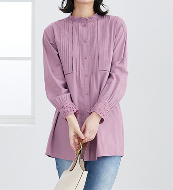 BELLUNA（ベルーナ）の「上品に着映える！衿＆袖レース切替シャツチュニック（チュニック）」｜詳細画像
