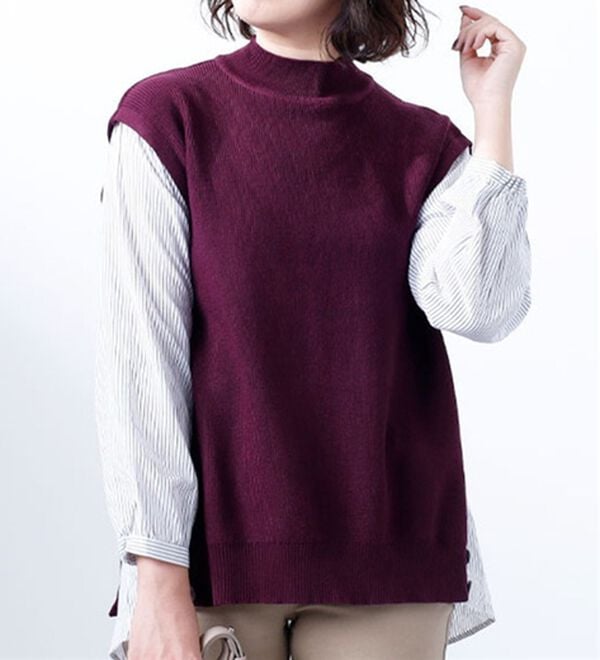 BELLUNA（ベルーナ）の「シャツレイヤード風ニットプルオーバー（ニット・セーター）」｜ラズベリー系