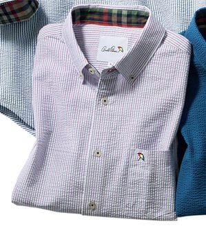 「＜アーノルド　パーマー＞シアサッカーデザインシャツ（長袖・７分袖）（メンズシャツ）」｜パープルストライプ