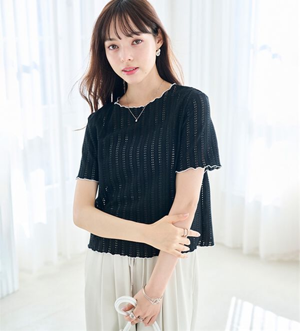RANAN（ラナン）の「インせず着られる！透かし柄メロー配色Ｔシャツ（カットソー）」｜詳細画像