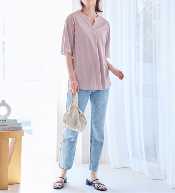 alotta（アロッタ）の「【接触冷感】スキッパータック袖ブラウスカットソー（カットソー）」｜詳細画像