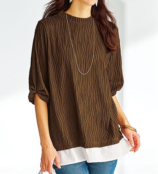 BELLUNA（ベルーナ）の「裾切替波柄ジャカード素材プルオーバー（カットソー）」｜ブラウン