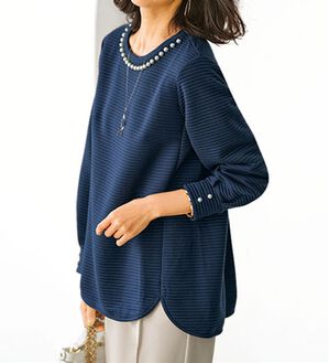 BELLUNA（ベルーナ）の「パール使いふくれジャカードプルオーバー（カットソー）」｜ネイビー