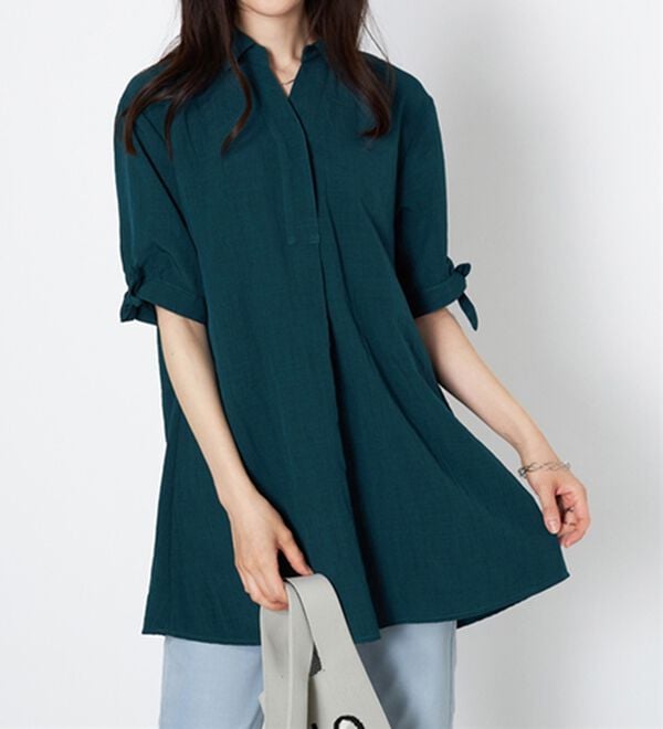 BELLUNA（ベルーナ）の「【接触冷感】麻調素材袖リボン使いシャツチュニック（チュニック）」｜詳細画像