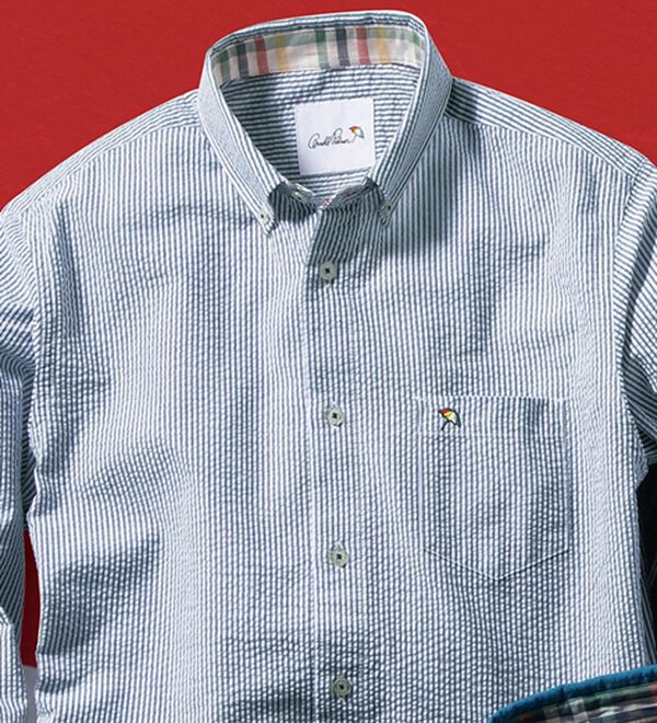 「＜アーノルド　パーマー＞シアサッカーデザインシャツ（長袖・７分袖）（メンズシャツ）」｜ネイビーストライプ