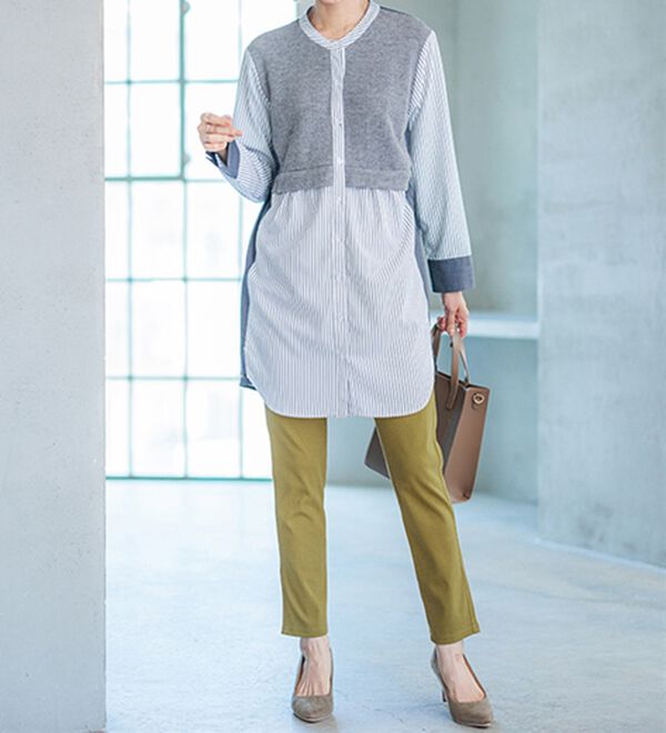 BELLUNA（ベルーナ）の「ストライプ&times;異素材切替シャツチュニック（チュニック）」｜詳細画像