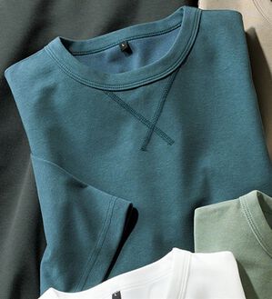「＜シンプル＆プラス＞長く着られるライトトレーナー（メンズＴシャツ）」｜ブルーグリーン