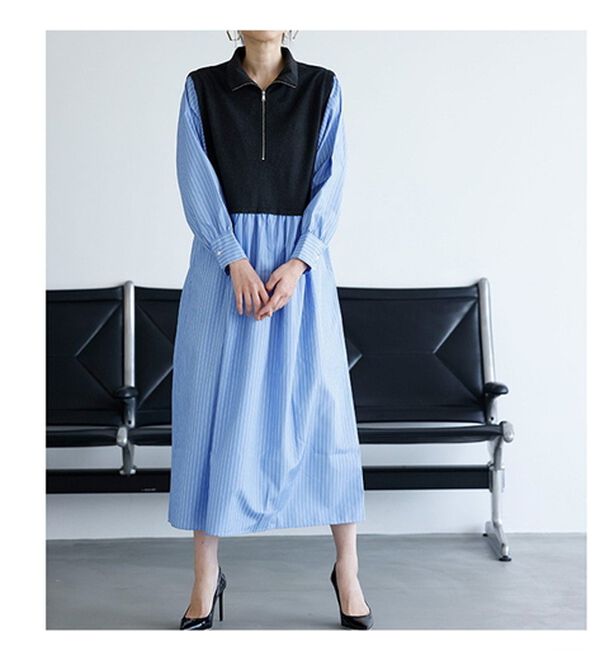 RANAN（ラナン）の「ジップデザイン異素材切替ストライプワンピース（その他ワンピース）」｜詳細画像