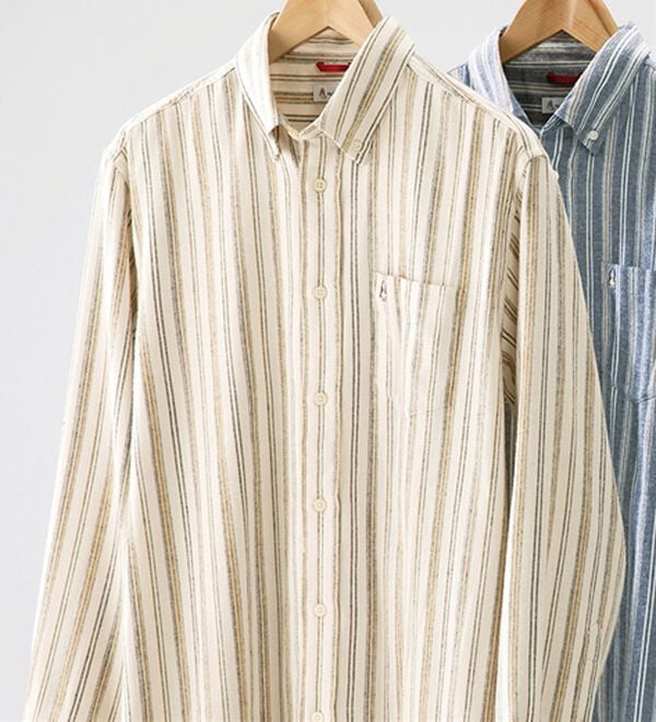 「＜ハッシュパピー＞しっとり柔らか綿１００％ネルシャツ（メンズシャツ）」｜オフホワイトストライプ