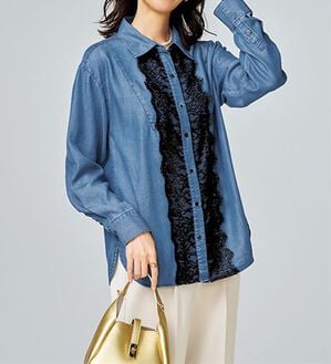 BELLUNA（ベルーナ）の「デニム素材レース使いシャツチュニック（チュニック）」｜デニムブルー