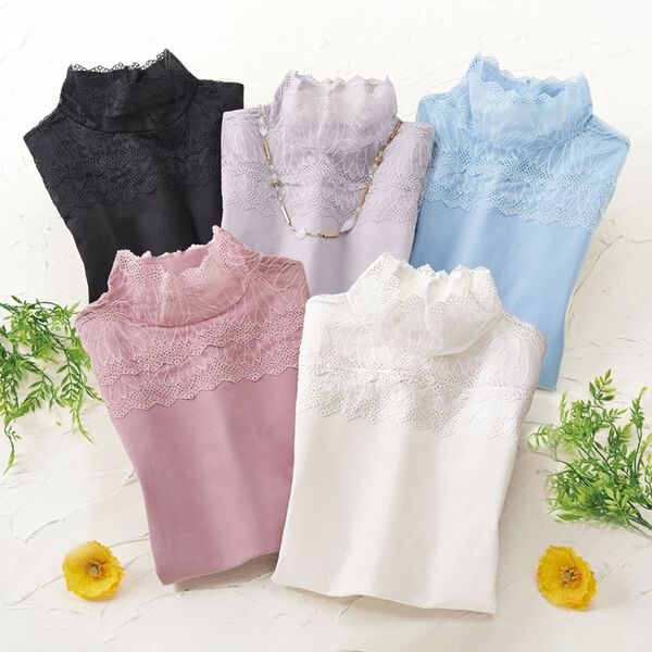 「【５色組】汗染み対策レースネックシャツ（カットソー）」｜詳細画像